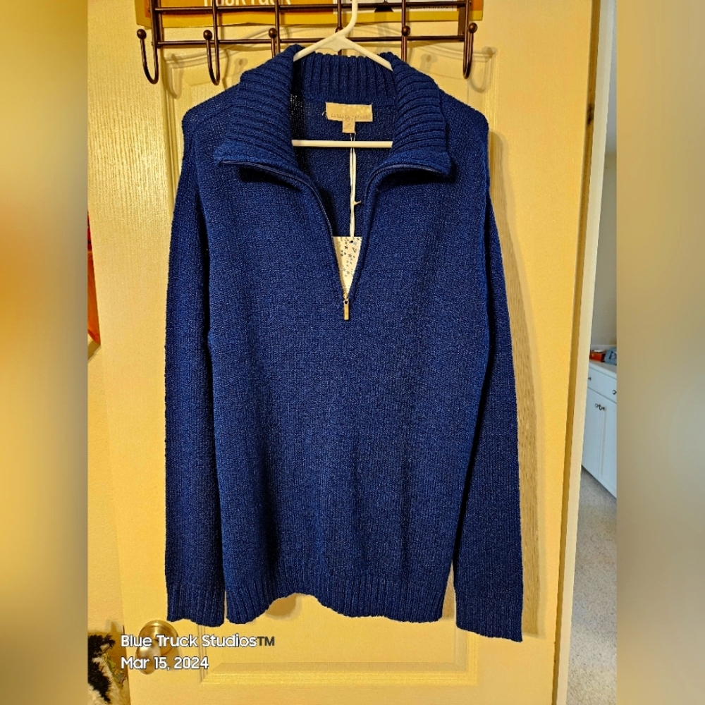 Plus Size 2X Dark Cadet Blue Half Zip Long Sleeve Wing Collar Pullover Sweater